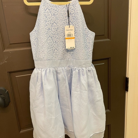 NWT Calvin Klein Lace and Chiffon Sleeveless Party Dress Light Blue Girls’ Sz 7 - Picture 4 of 5
